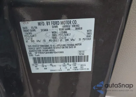 2006 Ford F-150 Xlt from USA, damaged, VIN 1FTRW12W46FB41060